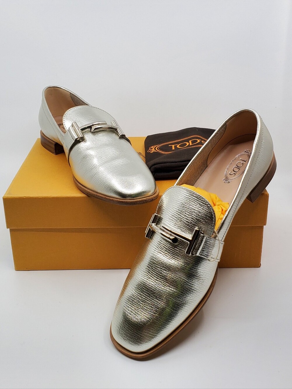 TODS double T METALLIC TEXTURED leather Loafers -Size 40.5